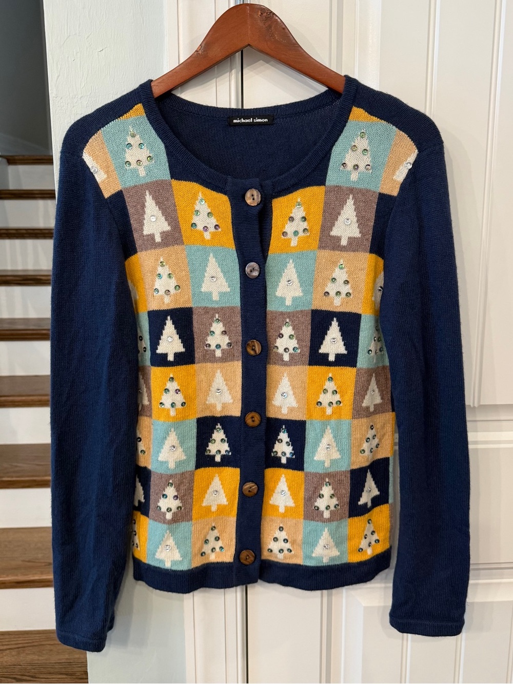 Michael Simon Christmas Tree Cardigan Sweater Womens M Embellished Holiday